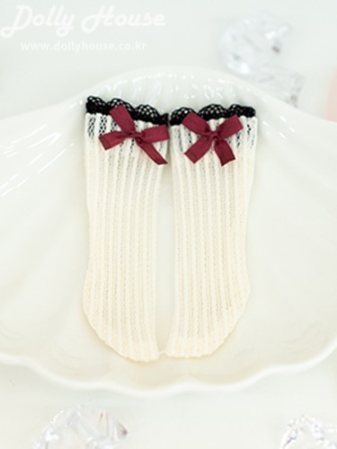 [26 cm] Ribbon half stocking - Ivory (Red ribbon + black lace) [Shipped immediately]