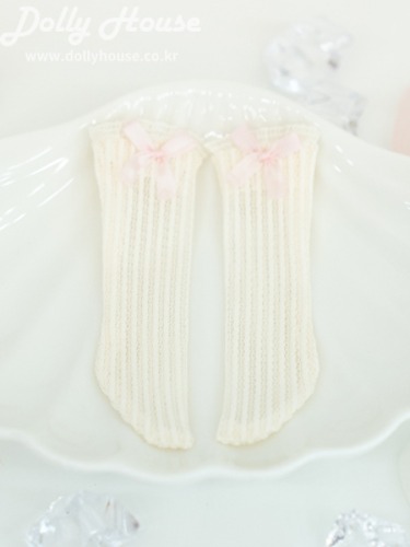 [26 cm] Ribbon Half Stockings - Ivory (Pink Ribbon) [Shipping immediately]