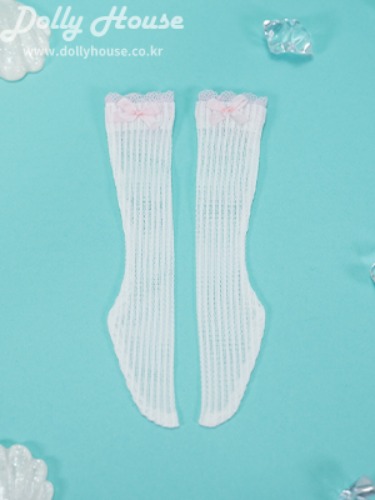 [42 cm] Ribbon half stocking - White (Pink ribbon + pink lace) [Shipping immediately]