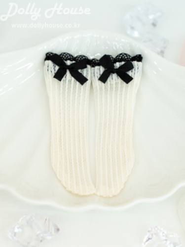 [26 cm] Ribbon half stocking - Ivory (Black ribbon + black lace) [Shipped immediately]