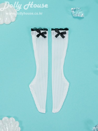 [42 cm] Ribbon half-stocking - White (Black Ribbon + Black Lace) [Shipping immediately]