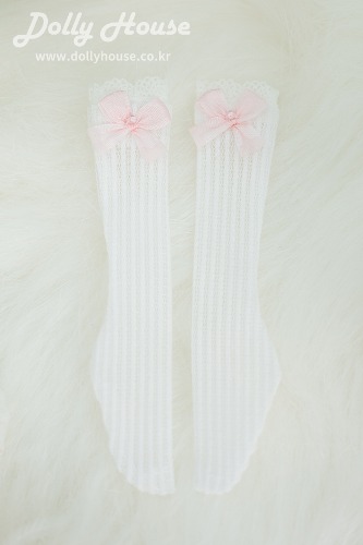 [31 girl] Lace half stockings - White (pink ribbon 7 mm) [Shipped right away]
