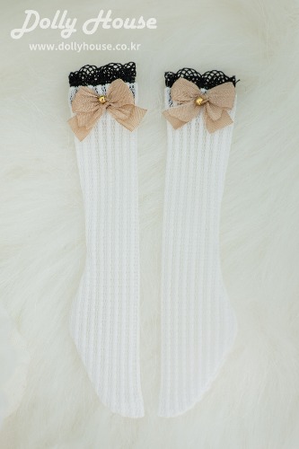 [31 girl] Lace half stockings- white (black lace + beige ribbon 7 mm) [shipped right away]