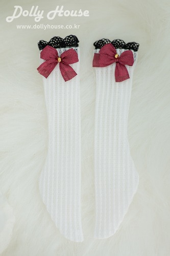 [31 girl] Lace half stockings- white (black lace + red ribbon 7 mm) [shipped right away]